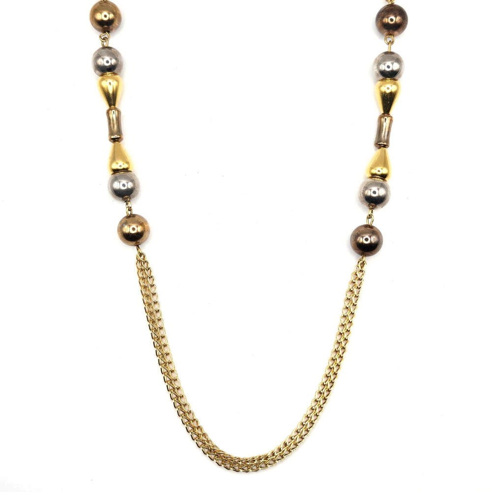 Vintage Eisenberg Tri-Tone Metal Bead‎ Two-Strand Gold Tone Chain Necklace 24"